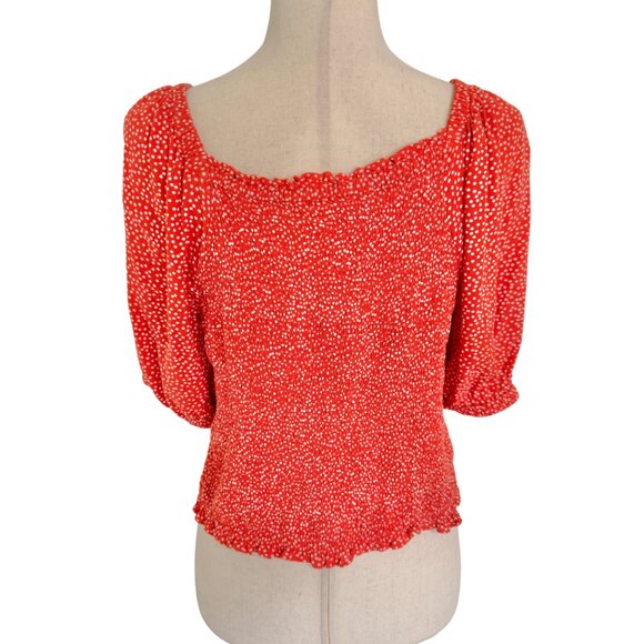 Loft Smocked Peasant Top Balloon Short Sleeves Red White Polkadots Size Large - Picture 3 of 9